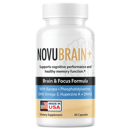 NovuBrain+ bottle, Brain and Focus Formula with bacopa, phosphatidylserine, DHA omega-3, huperzine A and DMAE, 60 capsules